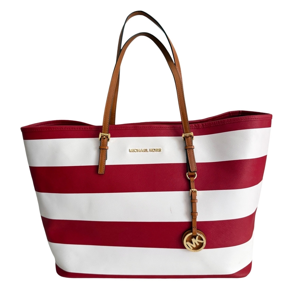 Michael Kors Red White Stripe Tote Bag Jetsetter Gold Hardware Leather Detail